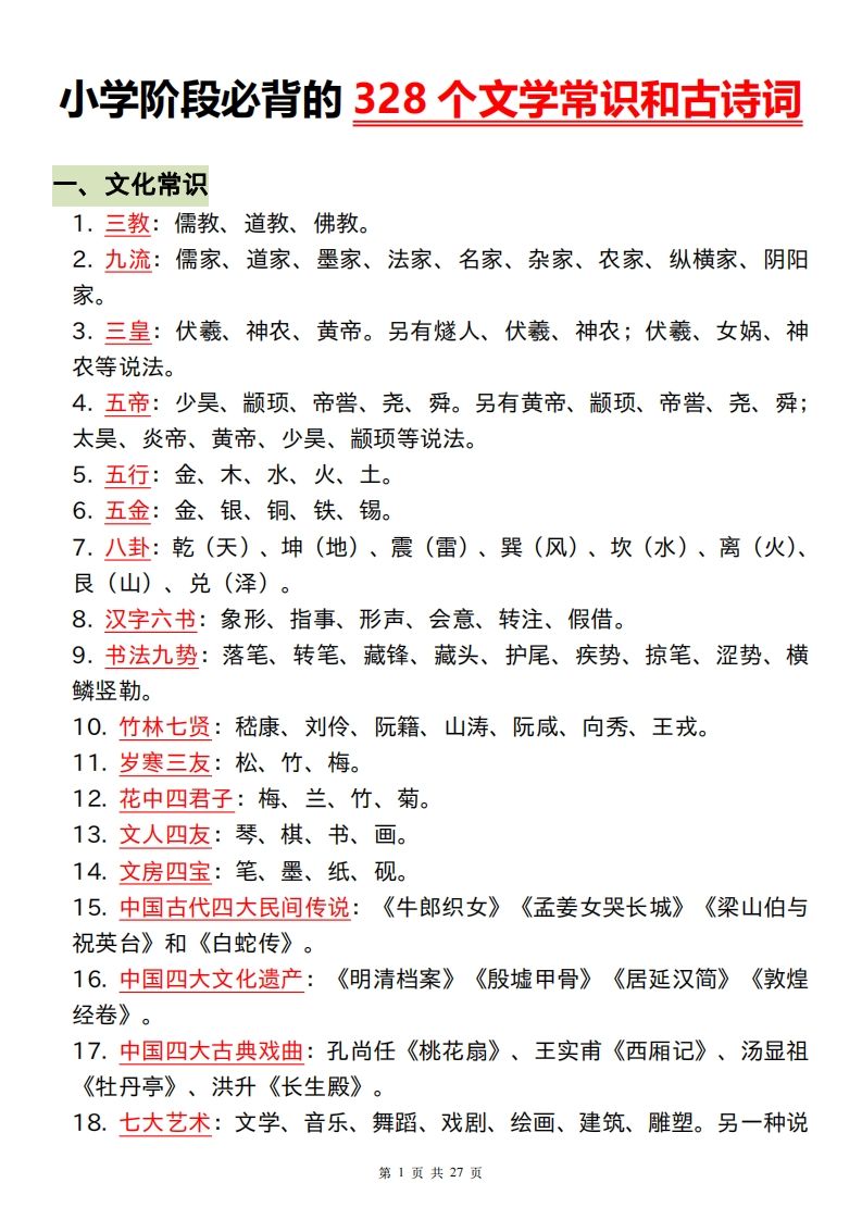 六下语文小学阶段必背的328个文学常识和古诗词-微氪项目圈