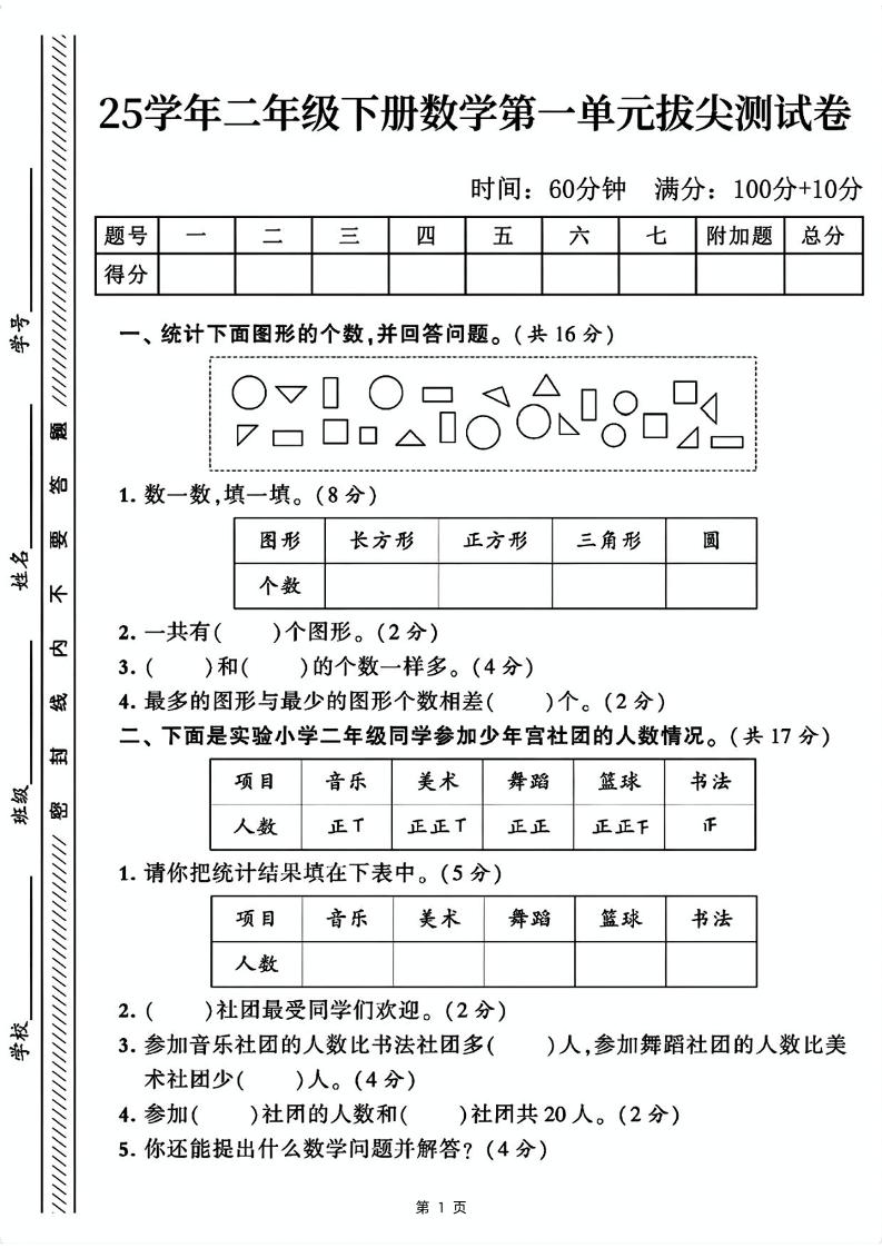 25二下数学第一单元拔尖测试卷1（含答案5页）人教-微氪项目圈