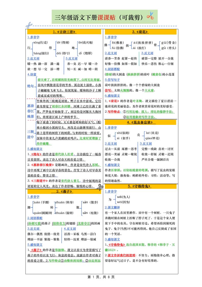 三下语文全册彩色版课课贴（1-28课）8页-微氪项目圈