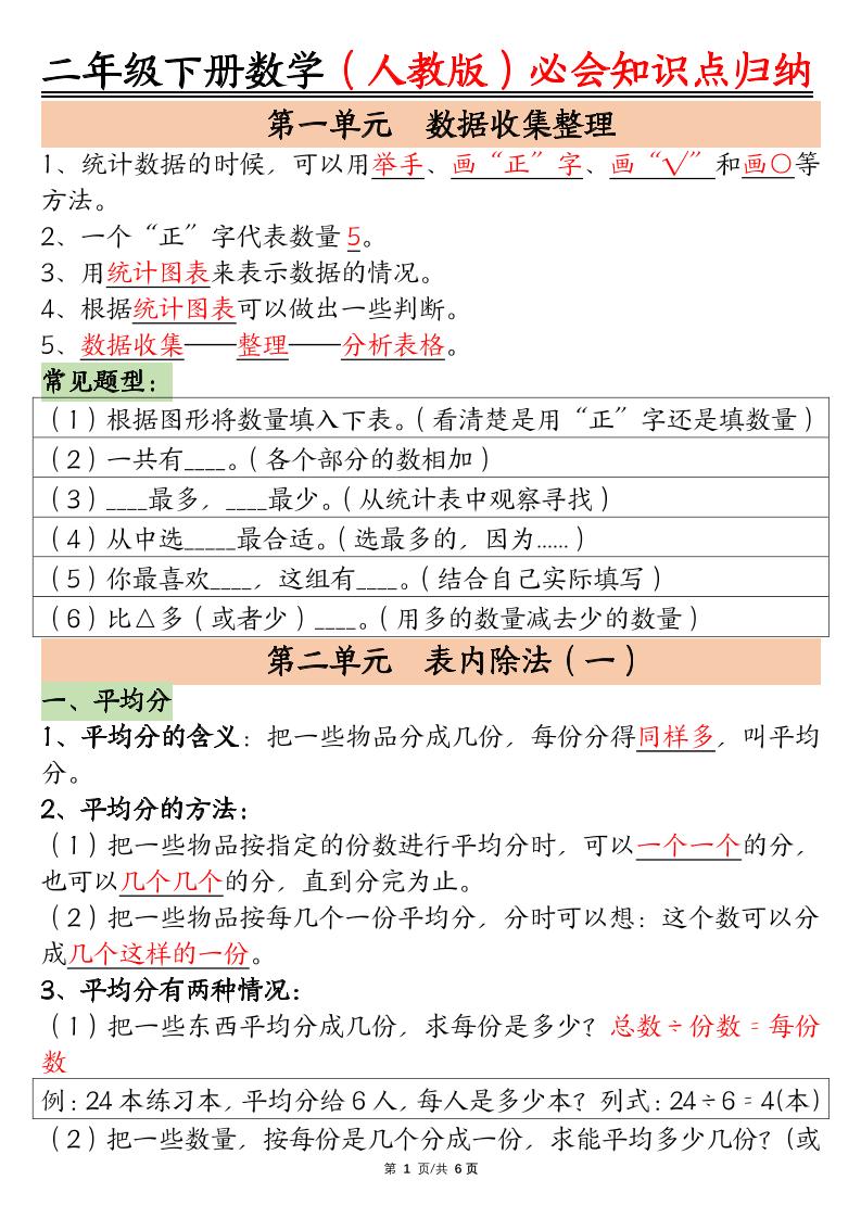 二下数学【人教版】必会【知识点】归纳总结6页-微氪项目圈