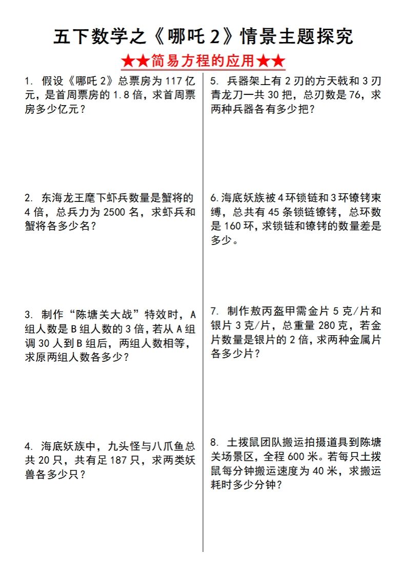 【苏教版】五下数学之《哪吒2》情景主题探究(简易方程的应用)（空白版）-微氪项目圈
