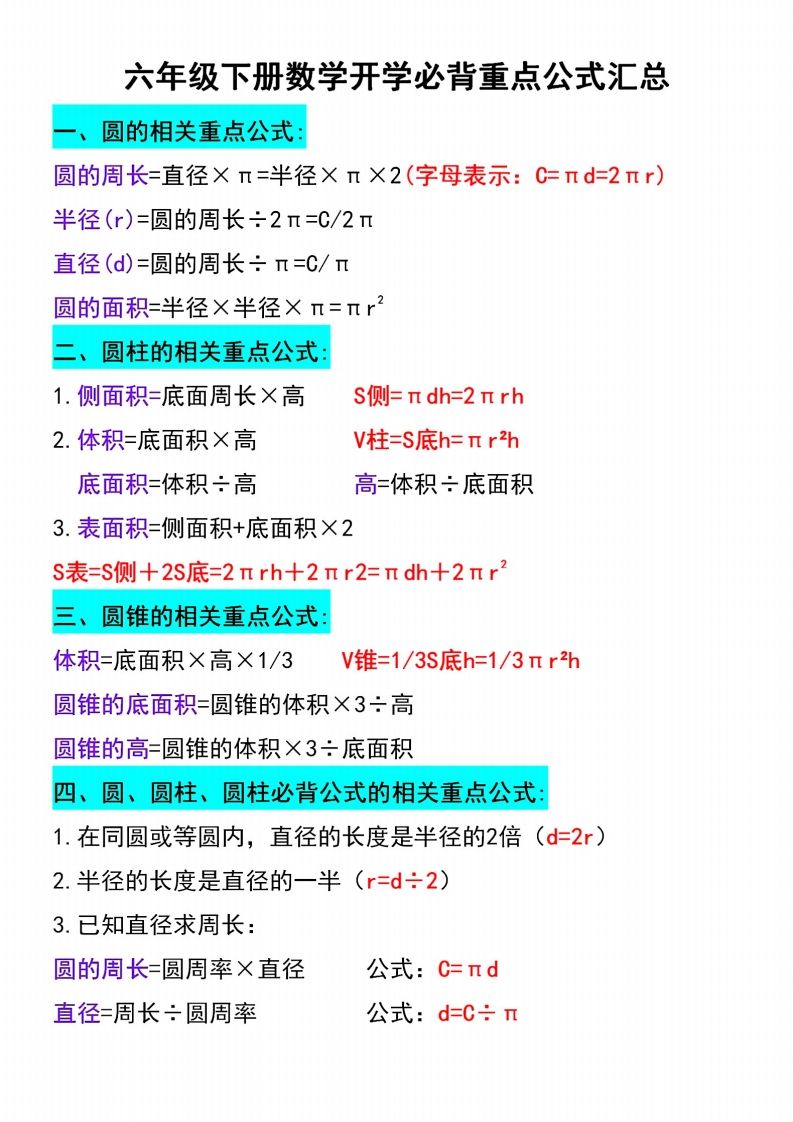 六下数学必背重点公式汇总-微氪项目圈