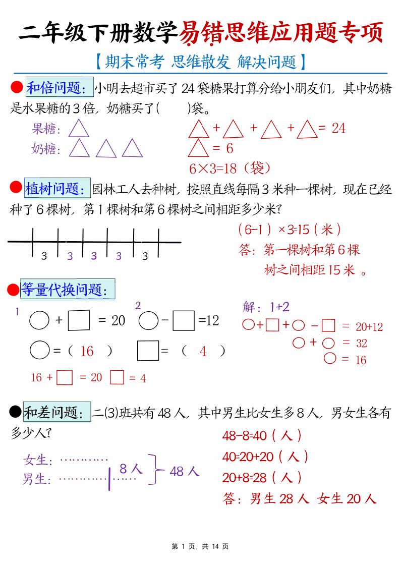 二下数学易错思维应用题专项（28道母题）练习+答案版14页-微氪项目圈